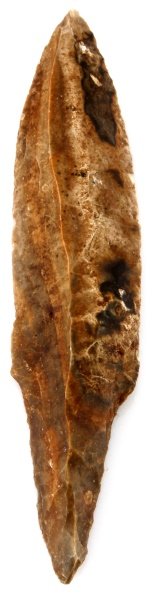 PRE-COLUMBIAN MAYAN 8'' UNIFACE FLINT BLADE BELIZE: Pre-Columbian Mayan unifaced flint knife blade, measuring 8 inches, the tang is bifacial to about 1.5 inches. Blade is in good condition with well defined lines and strong river patination throughout.