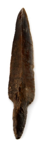 11'' UNIFACIAL STEMMED FLINT MACRO BLADE BELIZE: Pre-Columbian Mayan unifaced flint knife blade, measuring 8 inches, the tang is bifacial to about 1.5 inches. Blade is in good condition with well defined lines and strong river patination throughout 