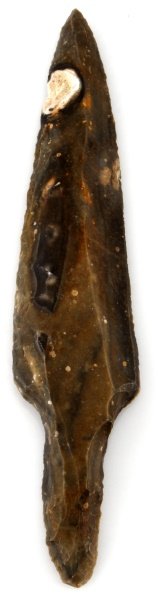 BELIZE 9'' UNIFACIAL STEMMED FLINT MACRO BLADE: Pre-Columbian Mayan unifaced flint knife blade, measuring 8 inches, the tang is bifacial to about 1.8 inches. Blade is in good condition with well defined stemming and strong river patination througho