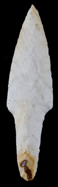 BELIZE PRE-COLUMBIAN 7'' BIFACIAL FLINT BLADE MAYA: Pre-Columbian Mayan Bifacial flint knife blade, measuring 7 inches, the tang measures approx 2.5 inches in length and is bifacial throughout. . Blade is in good condition with well defined chiseling l