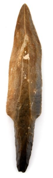 10.75 INCH BELIZE MAYA UNIFACE FLINT BLADE KNIFE: A large uniface blade found in the New River in Belize; a site just east of the Lamanai ruins. Half of the tang is worked on both sides. This artefact was found prior to 1950 and is sold according to 