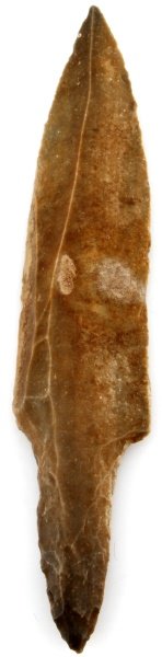 BELIZE MAYA FLINT LITHIC KNIFE BLADE 9.5 IN. LONG: A large uniface blade found in the New River in Belize; a site just east of the Lamanai ruins. Half of the tang is worked on both sides. This artefact was found prior to 1950 and is sold according to 