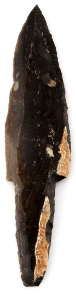8.5'' FLINT UNIFACIAL BLADE BELIZE PRE-COLUMBIAN: A large Pre-Columbian Mayan Unifacial flint knife blade, measuring 8.5 inches in length, the tang measures approximately 2.8 inches in length and is bifacial up to about an inch and measures about 1.8