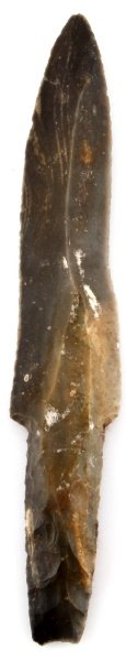 12 INCH LONG BELIZE MAYA STEMMED MACRO BLADE: A large uniface blade found in the New River in Belize, a site just east of the Lamanai ruins. Half of the tang is bifacial. The back of the tang has some dried algae growth and the whole artifact is 