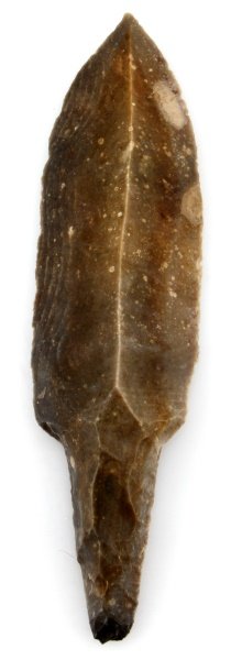 WIDE STEMMED PRECOLUMBIAN UNIFACIAL MACRO BLADE: A large uniface blade found in the New River in Belize, a site just east of the Lamanai ruins. Made circa 50 B.C. - A.D. 900. The back of the tang is bifacial. This artifact was found prior to 1950 an