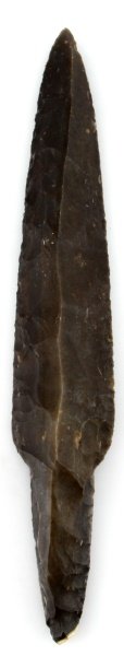 BELIZEAN LITHIC STEMMED LINT MACRO BLADE 11.5": A large uniface blade found in the New River in Belize, a site just east of the Lamanai ruins. Made circa 50 B.C. - A.D. 900. The back of the tang is bifacial. This artifact was found prior to 1950 an