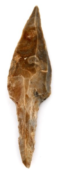 PRECOLUMBIAN STEMMED LITHIC MACRO KNIFE BELIZE: A large uniface blade found in the New River in Belize, a site just east of the Lamanai ruins. Made circa 50 B.C. - A.D. 900. The back of the tang is bifacial. This artifact was found prior to 1950 an