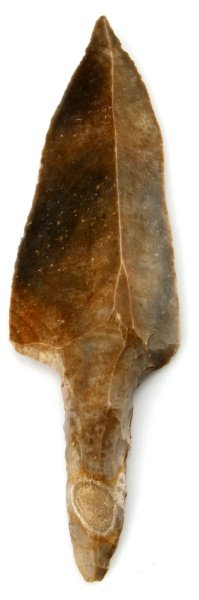 11 INCH STEMMED LITHIC BELIZEAN FLINT MACRO BLADE: A large Pre-Columbian Belizean lithic flint macro blade, measuring 11 inches in length from tang to tip and measures 3 inches across. Tang measures 3.6 inches in length and is bifacial up to 2.5 inche