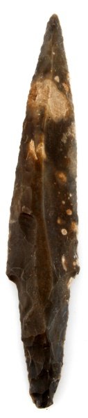 BELIZEAN LITHIC STEMMED UNIFACE MACRO BLADE: A large uniface blade found in the New River in Belize, a site just east of the Lamanai ruins. Made circa 50 B.C. - A.D. 900. The back of the tang is bifacial. This artifact was found prior to 1950 an