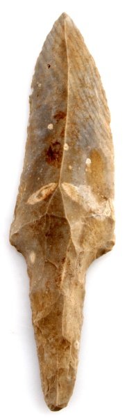PRE-COLUMBIAN MAYAN BELIZE LITHIC 8" MACRO BLADE: From old Louisiana collection recovered from the New River Region prior to 1950, has evidence of salt water intrusion, the tang is bifacial about 1.5 inches, free of damage or repairs. All items are a