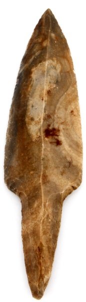 MAYAN BELIZE STEMMED LITHIC MACRO KNIFE BLADE: From a Louisiana collection recovered prior to 1950. One of the finer examples in this collection, Bifacial about two inches in the tang, and unifaced blade. Obvious isolated submerged find as salt wa