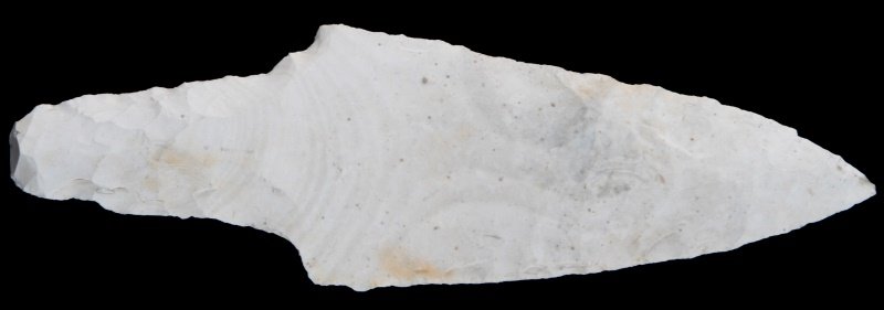 MAYAN BELIZE STEMED BIFACIAL MACRO BLADE KNIFE: From a Louisiana collection recover prior to 1950. From the New River region and the soft white chert is very atypical to that area. Just under 7 inches and free of damage and repairs. All items are a