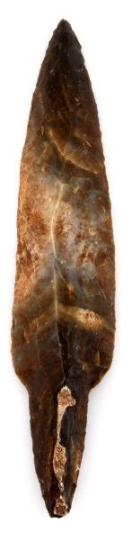 MAYAN BELIZE UNIFACE MACRO STEMMED LITHIC KNIFE: One of the finer examples of this Louisiana collection recovered from the New River region. This full 10 inch piece is an obvious submerged isolated find and has evidence of salt water intrusion, the 