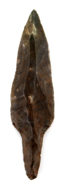STEMMED UNIFACE MACRO KNIFE FROM MAYAN BELIZE: Recovered from the New River in Belize, which is located just east of the Laminai site. The blade is unifacial whilst the handle is bifacial. Measures 9.75 inches long by just over 2 inches wide and h