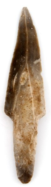 BELIZEAN MAYA LITHIC STEMMED MACRO KNIFE FLINT: Recovered in 1950 from the New River in Belize, which is located just east of the Laminai site. The blade is unifacial whilst the handle is bifacial. Sold in accordance with U.S. Statutes covering cul