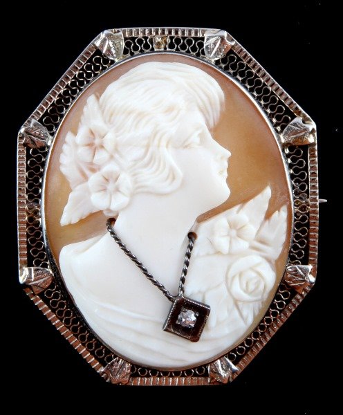 14K WHITE GOLD CARNELIAN DIAMOND HABILLE CAMEO: A carnelian shell cameo habille with diamond necklace. mounted on 14 karat gold frame with rear stickpin and hinged suspension ring. Measures 1 7/8 inches long. The diamond measures 1.8 mm in diameter