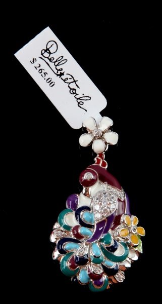 NWT LADIES STERLING PENDANT BELLE ETOILE "PEACOCK": New with tags, Peacock Purple Pendant by Belle Étoile. Hand-painted white and plum Italian enamels with white stones set into rhodium-plated, nickel allergy-free, 925 sterling silver. Chain not inclu