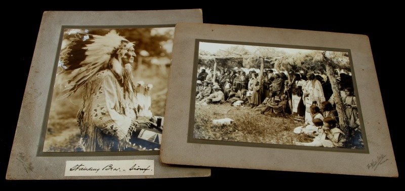 ANTIQUE INDIAN LARGE PHOTO LOT OF 2 WHITE STUDIO: Yakima, Washington studio. one named to Standing Bear , Sioux. The second a group shot with some quality early Native dress, Circa 1900. Including Matte each measures 12 by 10 inches.