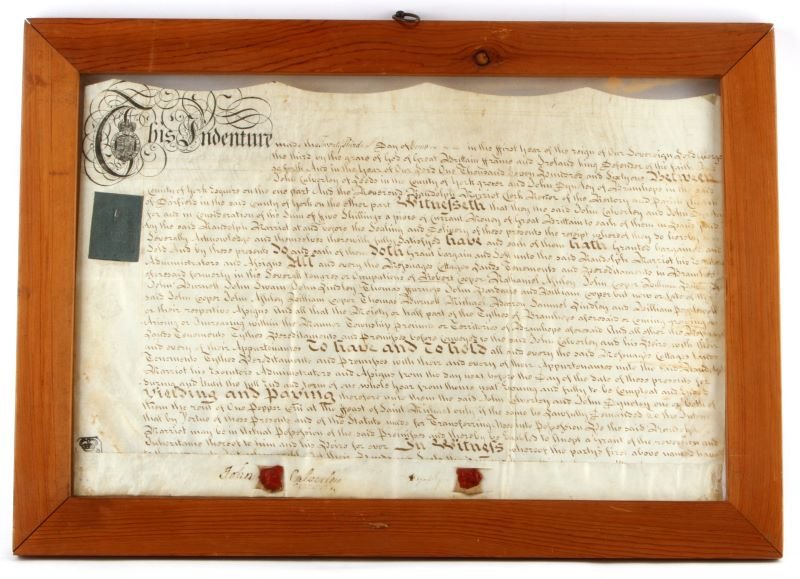 GEORGE II 1756 INDENTURE ON VELLUM & FRAMED: With all appropriate seals and wax stamps Land Lease Indenture, for one pepper corn at the Feast of St. Michael. Legible and very good measures including frame 24 by 17.