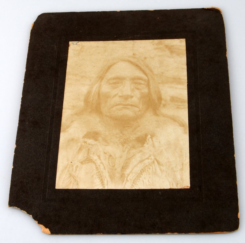 BIG STAR BRULE SIOUX OF CUSTER MASSACRE PHOTOGRAPH: Original antique photo graph of Wkampi-Tanfa (Big Star), Custer massacre participant and one of the Native American Ratification document. Measures 4.5 by 7 and is set on larger matte.