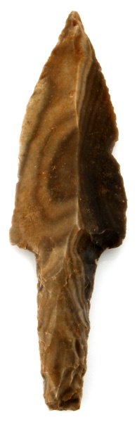 BELIZE PRE-COLUMBIAN BIFACIAL 8'' FLINT MACROBLADE: Pre-Columbian Mayan bifacial flint knife blade, measuring 8 inches in length, the tang measures approx 2.7 inches in length and is bifacial throughout tang and blade. Blade is in good condition with w