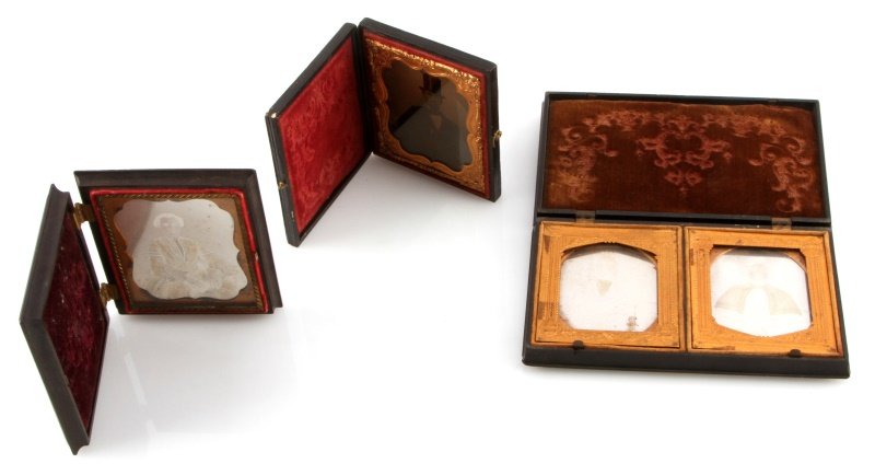 2 DAGUERREOTYPE & 1 AMBROTYPE IN NICE UNION CASES: Includes 1/6 plate Ambrotype of Hiram Feger and a note behind the plate detailing his war record, was mustered as a Lt. in the 68th PA. Volunteers, wounded at Fredericksburg and discharged, a very fin