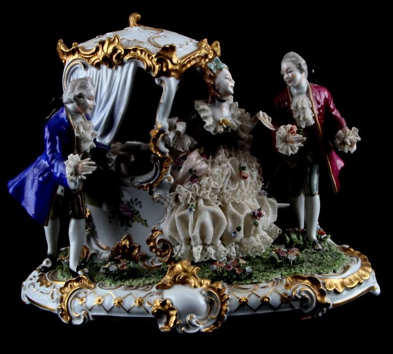 UNTERWEISSBACH SECRET LOVE GROUP FIGURINE: Vintage Unterweiss porcelain group figurine titled "Secret Love". The underside is marked "Unterweiss" and "8703" in pencil. Modeled after Kurt Steiner's original 1930 design. Very good condition, no 