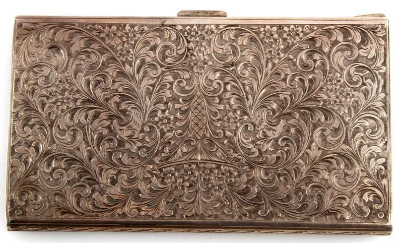 ITALIAN HALLMARK SILVER FASCES CIGAR CASE: Superbly cut and crafted .800 stamped with Italian Fasces and Firenze (Florence) city code in cartouche, pre 1944 guarantee. Measures 5.5 by 3.25 by .5 inch thick with a weight of 220.7 grams. . Size: