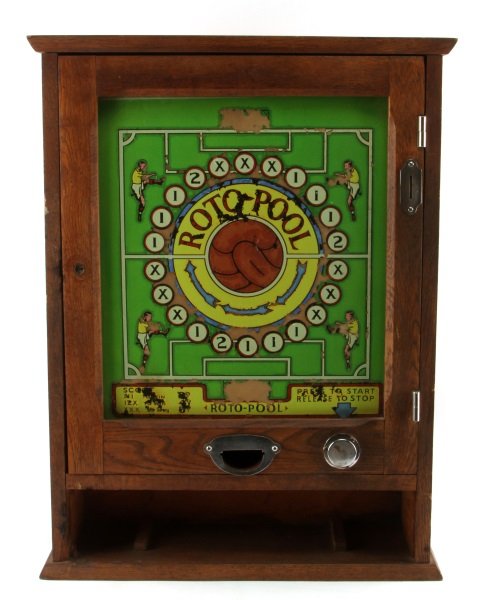 VINTAGE 1950 ARCADE ROTO-POOL SLOT MACHINE: 1950s Era Roto Pool Slot Machine. Item is in good vintage condition, and may very well still work, however the power cord has been snipped and must be replaced.