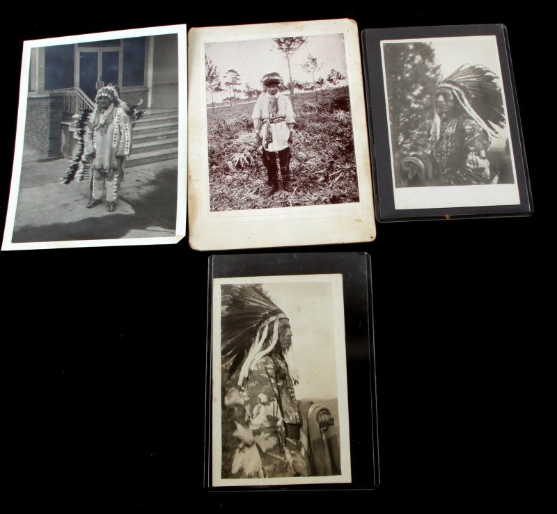 4 VINTAGE & ANTIQUE INDIAN PHOTOGRAPHS: Interesting grouping that includes a 7 by 5 inch photo taken by White Wolf Morgan, 1967 of William Red Fox, Oglala Sioux, Born 1870, died in Texas 1976. Two Sioux Indian postcards. Cabinet card photo 