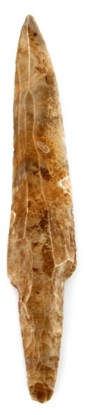 11 INCH BELIZE MAYA UNIFACE FLINT BLADE KNIFE: An 11 inch long uniface blade made of lint. Has a heavy brown patina. Found in the New River in Belize, just east of the the Lamanai site. In very good condition. The last quarter inch of the tang is 