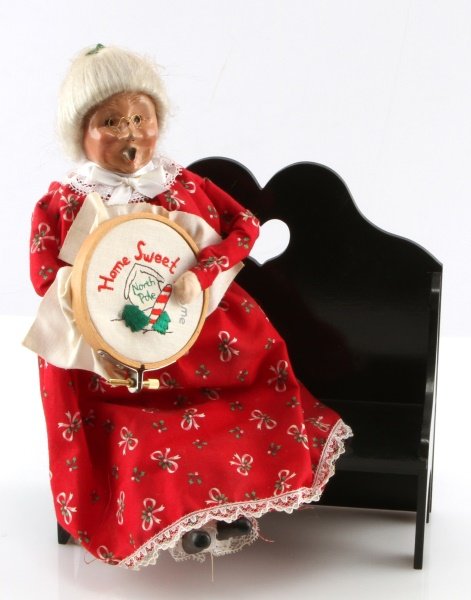 BYERS CHOICE HOME SWEET NORTH POLE MRS CLAUS: One Byers Choice Mrs. Claus Bench Needlepoint Home Sweet North Pole
