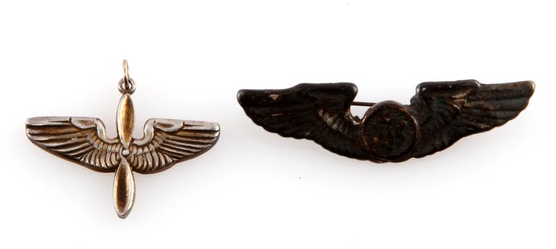 WWII STERLING ARMY AIR CORP SWEETHEART CREW WINGS: Measuring 1 3/8 inch straight back pin, stamped sterling. AAC Sweetheart pin of Air Crew. Also small unmarked sterling Army Air Corp insignia sweetheart pendant just under one inch.