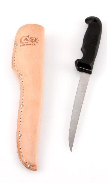 CASE XX BLACK FILET KNIFE WITH LEATHER SHEATH: One Case XX Black handle Filet Knife with leather sheath. Item features a stainless steel blade and a black hard plastic handle. Item measures 11-1/4", and has a mass of 70 grams. Item is new in box, 