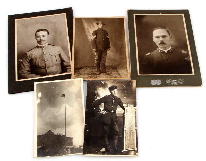 INDIAN WARS TO WWII CABINET & POSTCARD MILITARY PH: 5 Military cabinet or postcard photograph lot. One is Imperial German.