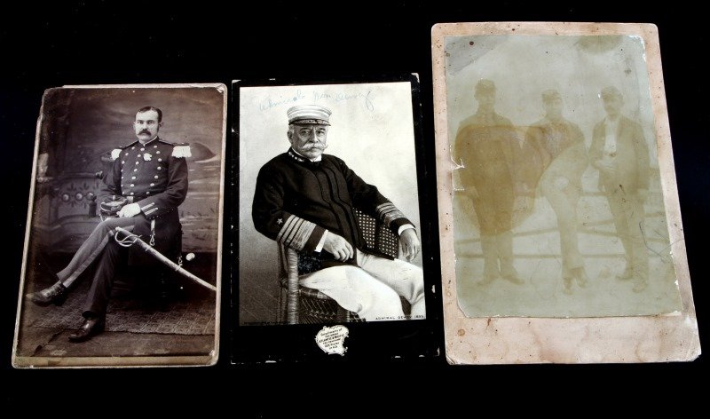 3 NAMED ANTIQUE MILITARY CABINET PHOTOGRAPH LOT: Includes a 6 1/2 by 3 1/4 inch Dewey card, Cavalry officer with wrist breaker sabre, named to W.R. Canart Fort Lynn, Arkansas, Eureka Springs Photographer, a faint photo of three Cavalry soldiers, eac