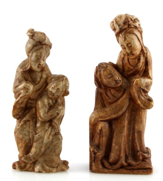 PAIR OF CHINESE SOAPSTONE FIGURAL CARVINGS 4.5": Lot of two small Chinese soapstone carvings, depicting a mother and child. No signature or maker's mark. The larger figure measures 4.5 inches. Overall very good condition; no chips, cracks, or repair