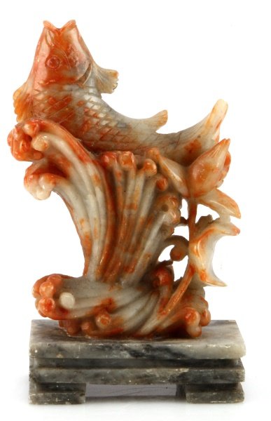 CHINESE SOAPSTONE CARVING KOI FISH ORANGE 6.5": Chinese soapstone carving of a Koi fish, carved in the round. Multicolored soapstone. No apparent maker's mark. The base is part of the carving. Overall height of 6.5 inches. Free from chips and repai