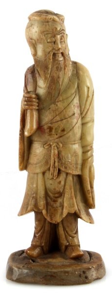 CHINESE SOAPSTONE CARVING OF AN OLD MAN: A beige soapstone carving of an old man. Stands 7.5 inches tall. In very good condition.