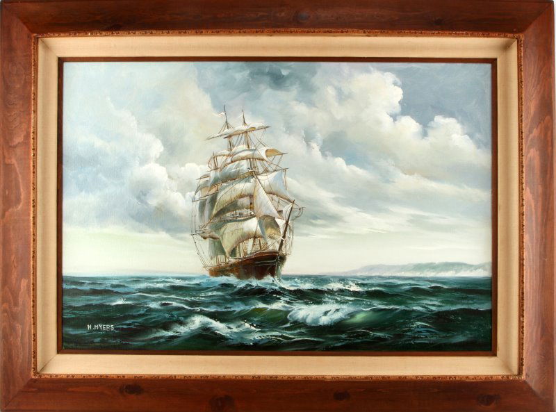FRANK HARMON MYERS (AMERICAN, 1899-1956) OIL: Frank Harmon Myers (American, 1899-1956). Oil on canvas. Measures 24 by 36 (frame measures 34 by 46). Features a three-masted full-rigged ship at sea. In very good condition with a minor loss to paint