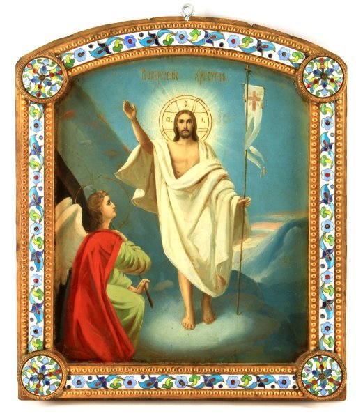 DOUBLE PROCESSIONAL ICON ST. NICHOLAS AND CHRIST: A double sided processional icon depicting St. Nicholas on one side and the resurrection of Christ on the other. Presumed to be from the late 19th century or earlier in the 20th century. Framed in an 