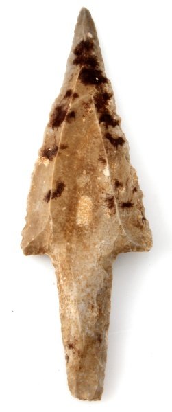 MAYAN BELIZE 9.5 " UNIFACIAL LITHIC MACRO KNIFE: A truly amazing example, excellent craftsmanship, obvious submerged find, from the Lamanai, New River region, bifacial tang. Recovered in the 1950's and has been in a private Louisiana collection sinc