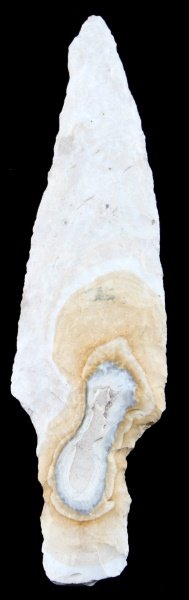 PRE COLUMBIAN MAYAN BELIZE BIFACIAL STEMMED POINT: From a Louisiana collection recovered from the New River region in Belize prior to 1950. Soft white chert with darker inclusions. Broad random flaking with some secondary chipping. Measures 6.5 inches