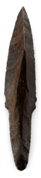 PRECOLUMBIAN MAYAN LITHIC MACRO BLADE BELIZE: From a Louisiana collection recovered from the New River region in Belize. 8 inch unifacial dark grey stemmed point with saltwater intrusion evident. Deep median ridge with flat part to center and lar