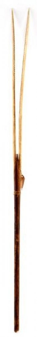 NORTHWEST ALASKA COAST WALRUS TUSK FISH SPEAR: 19TH Century Walrus tusk fishing spear twin serrated spears, has early tag, measuring 43 inches. Provenance: Old Memphis estate.