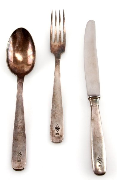 3 PEICE LOT HITLER YOUTH MESSHALL SILVERWARE: Contains 1 each fork,spoon and knife. Measures 8 to 10 inches each weighs 0.6 lbs. together. Shows signs of wear from use. Some discoloration or tarnishing. Each piece is stamped Mehlem on back. Stamp