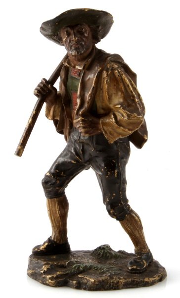 FRANZ BERGMAN (AUSTRIAN, 1861-1936) BRONZE MAN 6": Antique cold painted bronze by Franz Xaver Bergman depicting a traveling man. The base is marked with Bergman's foundry mark, "geschutzt", 3917. The figure is also stamped with the same marks. Some of