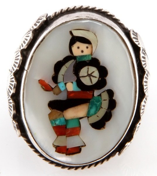 LARGE HOPI SILVER RING WITH KACHINA STONE INLAY: Hopi silver ring with Kachina stone inlay. Weighs 13.6 grams, size 11. Marked (1M) to inside. Very good condition.