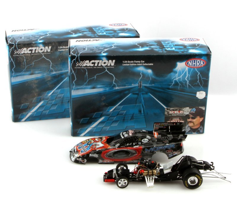TWO ACTION 1:24 SCALE 2005 CHARGER FUNNY CARS: Duplicates; Gary Scelzi 2005 Dodge Charger Black Pearl funny car model, 1:24 scale, both in box, in very good condition.