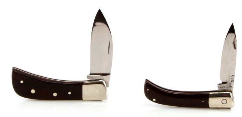 2 VINTAGE STEEL AND WOOD FOLDING POCKET KNIVES: The first is made of steel with reddish wood to handle. Marked (066 Paris, ARK) to one side of blade, and (716 0.1) to other, 6 inches long. The second is a "Little 311" folding knife with wood grips